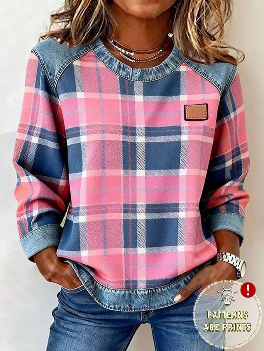 EMERY ROSE Women's Patchwork Patch Round Neck Long Sleeve Casual Loose T-Shirt