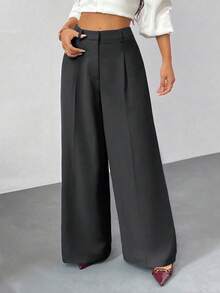 SHEIN PETITE Quần ống rộng cạp cao màu đen trơn, kiểu dáng đơn giản, dễ mặc, dành cho người thấp bé, thích hợp cho mùa Thu/Đông. - Màu xám đen - Xem 3
