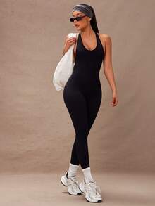 Lumalex Women's Letter Print Criss-Cross Backless Sleeveless Sexy Sports Jumpsuit Gym Women Outfit - Black - View 4