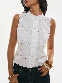 Poéselle Women's Summer Minimalist Hollow Embroidery Button Sleeveless Shell Trim Blouse,White Sleeveless English Lace Blouse, Stand-Up Collar Embroidered Top, Summer Openwork Shirt, Chinese Styles Button-Fastening Shirt, Chinese Styles Shirt,Chinese Knot Buttons - White - View 5