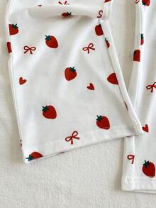 Vintaside Kids Tween Girls' White Strawberry Bow Accent Short Sleeve T-Shirt And Pants Set, Casual Outfit For Autumn - Multicolor - View 7