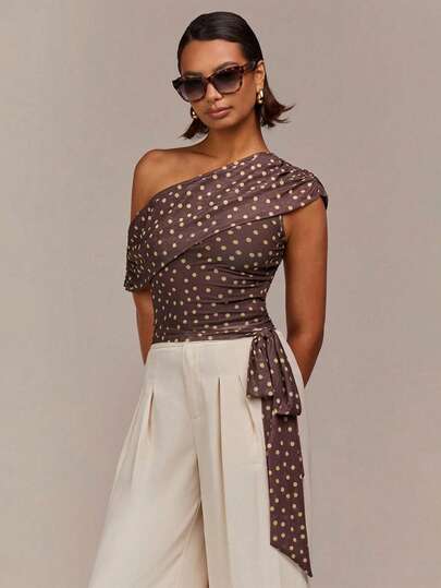 COSMINA Women's Elegant Polka Dot Asymmetric Shoulder Tie-Waist Mesh Blouse, Versatile For Commute, Office, Date, Bohemian Vacation, Regular Fit