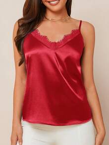 Amorya Women's Elegant Satin Blue Camisole With Lace Trim, Versatile For Spring/Summer Wear Or As An Undershirt In Autumn/Winter - Red - View 6