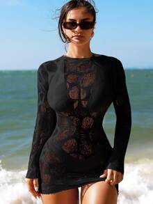 Swim SXY 女士性感镂空长袖薄纱罩衫 - 黑色 - 查看 1