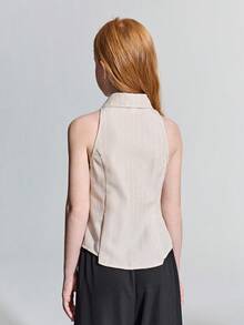 Ontre Tween Girl Apricot Striped Fitted Turndown Collar Sleeveless Casual Shirt - Apricot - View 2