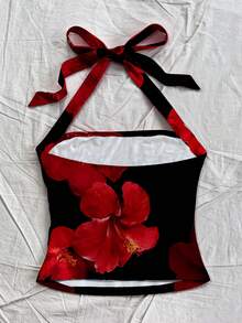 Soleia 女士度假风露背吊带背心，黑红撞色花卉印花针织纹理修身款，适合夏季、户外、海滩、旅行，时尚百搭 - 彩色 - 查看 2