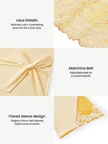 LUVLETTE Women Soft 100% Pure Cotton Luxurious Lace Trim Tie-Front Airy Loungewear Pajama Robe Lingerie - Yellow - View 3