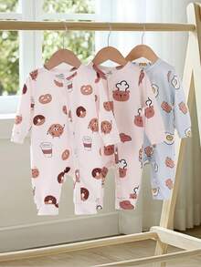 Newborn Funny Food Cartoon Theme Blue & Khaki Toast, Egg, Bacon, Bread, Bear Pattern Long Sleeve Footed Romper Set - Multicolor - View 5