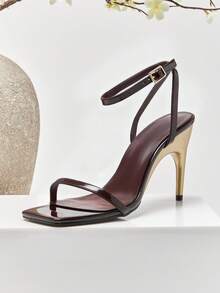 SHUZIA Women's Elegant Minimalist Square Toe Ankle Strap Stiletto Heel Sandals - Chocolate Brown - View 4