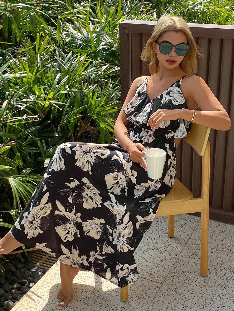 Charming Floral Print Spaghetti Strap Backless Ruffle Hem Waist Cinched Long Women Nightgown