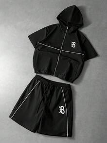 Bộ đồ nam PAVTROS gồm áo khoác cardigan có mũ trùm đầu và quần short, phối sọc phản quang, thích hợp cho Ngày Valentine, Xuân Hè, làm quà tặng cho bạn trai, lễ hội Mardi Gras, phong cách cổ điển, thời trang đường phố, tiệc tùng, ngày lễ Thánh Patrick, đi chơi. - màu đen - Xem 3