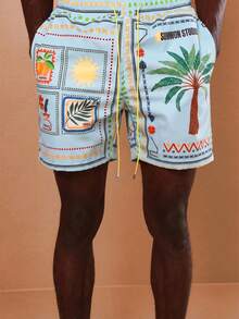 SUMWON Regular Men Summer Beach Swim Shorts With Tropical Palm Tree Print And Patch Design Pull On Drawstring Waist - Blue - View 6