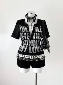 Sunspun 加大码V领镂空胶带丝网印花字母修身T恤 - 黑色 - 查看 6