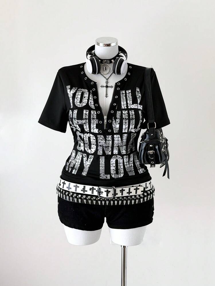 Sunspun 加大码V领镂空胶带丝网印花字母修身T恤 - 黑色 - 查看 6