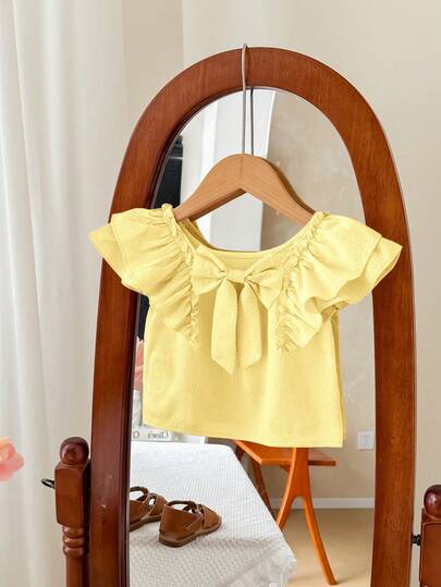 SHEIN LMoss Kids LMoss 女婴夏季度假可爱纯色荷叶边上衣