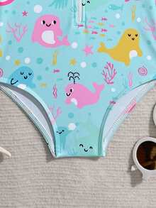 Baby Girls Beachwear, Blue Ocean Dolphin & Seaweed Knit Long Sleeve One-Piece Swimsuit With Hat, Fashionable Elegant Swimwear Suitable For Swimming, Summer Vacation, Beach, Pool, Holiday Party Baby Girl Long Sleeve Swimsuit Baby Girl Ocean Print Baby Ocean Clothes Baby Girl Swimwear Toddler Girl Swimsuit - Multicolor - View 4