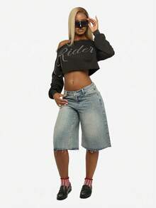SUMWON WOMEN Off Shoulder Rhinestone Rider Text Long Sleeve Crop Sweatshirt With Raw Hem - Black - View 7