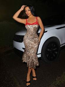 BamGleam 浪漫派对豹纹连衣裙，红色蕾丝边吊带修身鱼尾裙，复古性感修身及膝连衣裙，时尚鸡尾酒会女士礼服 - 彩色 - 查看 5