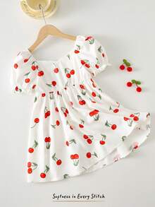 Cozy Pixies 少女甜美樱桃印花圆领泡泡袖腰部喇叭V领连衣裙 - 紅白色 - 查看 3