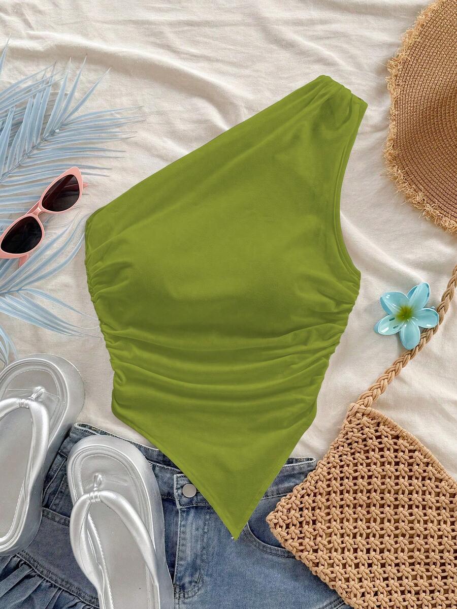 Soleia Atasan Halter Tanpa Lengan Warna Polos Kasual untuk Wanita - Hijau - View 1