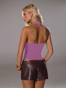TRNVIE Áo tank top nữ màu xanh nhạt thanh lịch, cổ yếm, khóa tròn trang trí, thích hợp cho mùa xuân/hè. - Màu Hồng  San hô - Xem 2