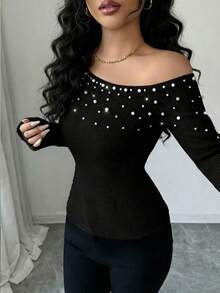 Elenzga Áo nữ tay dài lệch vai, hở vai, kiểu dáng thường ngày, trang nhã với điểm nhấn ngọc trai, thích hợp cho các bữa tiệc sang trọng, mùa thu, đông, xuân. - màu đen - Xem 4