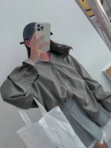 DAZY 女式翻领宽松条纹设计百搭衬衫，蓝色，春夏秋季学院风上衣，秋季女装长袖上衣 - 黑色 - 查看 5