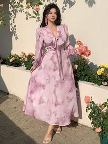 DAZY Women's Elegant Floral Print Tie Collar Puff Sleeve Mid-Length Dress, Spring/Summer Wedding Guest Dress Sundress - Pink - View 10