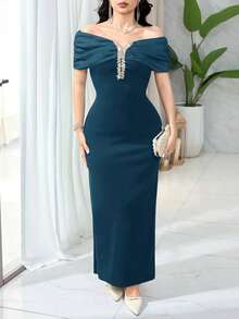 Feyla Women's Rhinestone Decor Ruched Off Shoulder Fitted Elegant Dress - Lake Blue - View 7