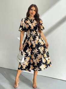 Firerie 大码女式碎花泡泡袖短裙，黄色碎花图案，适合海滩、约会、音乐节、派对、婚礼等场合，性感、优雅、通勤、返校、度假、浪漫 - 彩色 - 查看 5