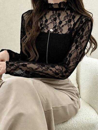 FRIFUL 女士时尚性感透视蕾丝领修身衬衫 春季