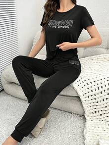 Letter Graphic Tee & Drawstring Waist Pants PJ Set / Pajama Set - Black - View 4