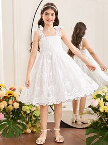 SHEIN Đầm mùa xuân/hè kiểu Pháp thanh lịch, tinh tế, cổ điển dành cho bé gái, thêu ren 3D, điểm nhấn nơ, phối nhiều lớp, xếp ly ở gấu đầm, màu trắng. - trắng - Xem 4
