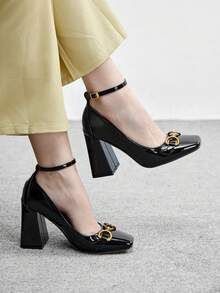 CUCCOO BIZCHIC Giày cao gót Mary Jane màu đen dành cho nữ, gót dày, kiểu Pháp cổ điển, da bóng, mũi vuông, khóa kim loại, hàng mới về mùa xuân/thu. - màu đen - Xem 1