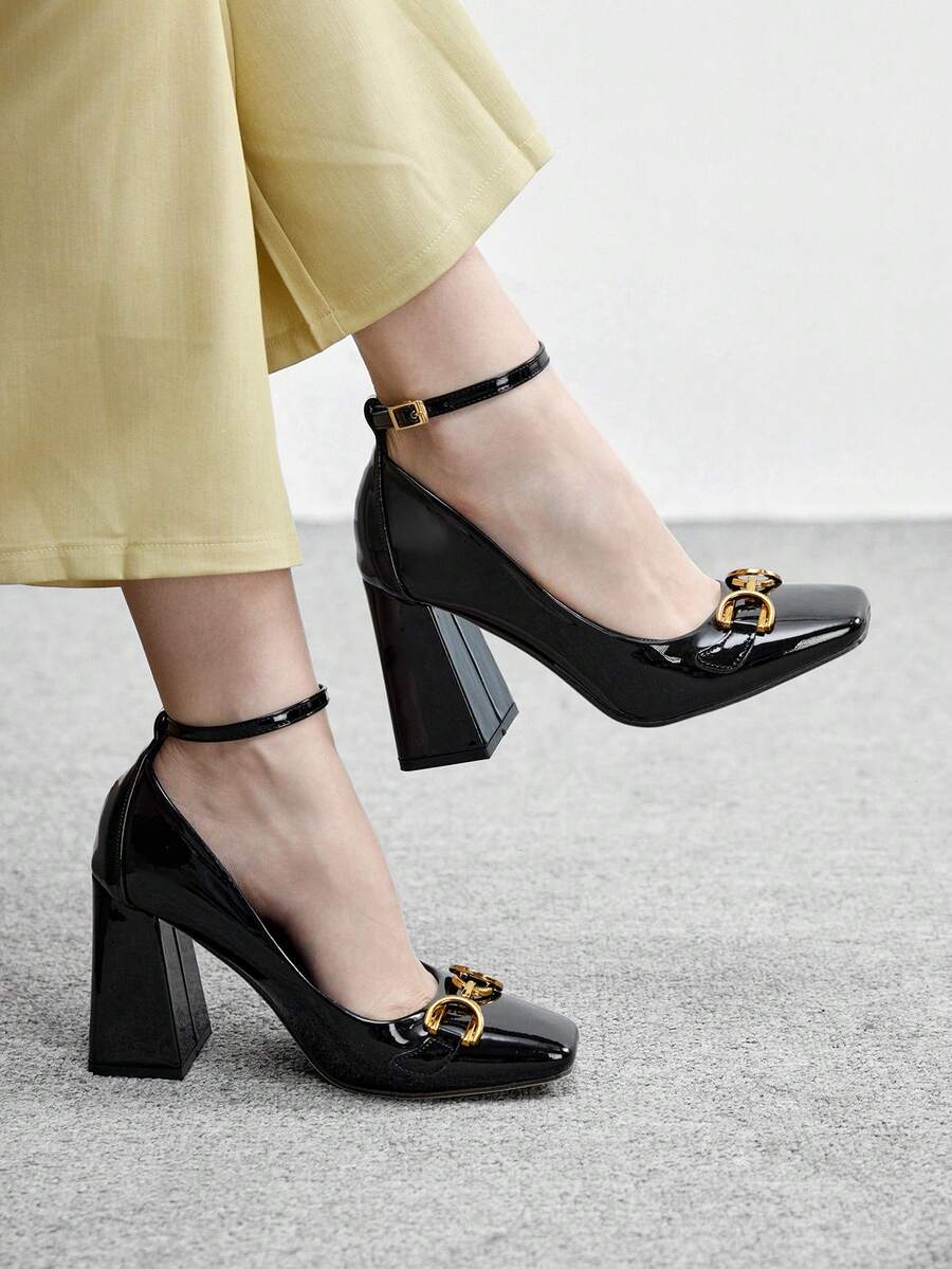 CUCCOO BIZCHIC Giày cao gót Mary Jane màu đen dành cho nữ, gót dày, kiểu Pháp cổ điển, da bóng, mũi vuông, khóa kim loại, hàng mới về mùa xuân/thu. - màu đen - Xem 1