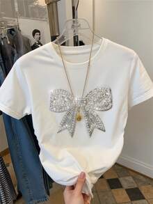 EMERY ROSE 蝴蝶结亮片刺绣休闲圆领短袖腰部褶皱T恤，送朋友的礼物 - 白色 - 查看 5