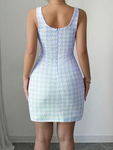 RosyDaze 女士千鸟格提花针织紧身迷你连衣裙 - 藍白色 - 查看 2