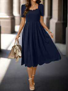 Ellevyn Women's Solid Color Arc Collar Short Sleeve Elegant Mid-Length Dress Navy Blue Elegant Dress Elegant Midi Dress Scallop Neck Dress Pleated Midi Dress Short Sleeve Dress Spring Summer Vacation Women's Day Elegant Work Wear Gift For Mom A-Line Festival Outfit Beach Date Night ,Summer Dress,Spring Dresses For Women - Navy Blue - View 9