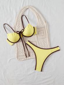 SHEIN Women's Contrast Trim Simple Swimwear Set - Multicolor - View 5