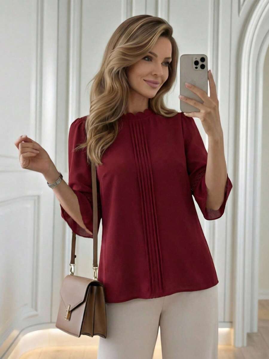 Miaspire 女士优雅简约纯色贝壳边立领荷叶边中袖褶裥衬衫，春夏秋季 - 紅色 - 查看 1