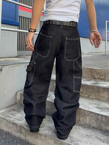 Manfinity EMRG Quần jeans ống đứng dáng rộng, thời trang, thoải mái với họa tiết thêu chữ kiểu Anh cổ điển và trang trí ngọc trai, phong cách đường phố đa năng. - màu đen - Xem 2