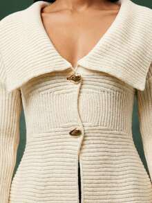 Vixey Áo khoác cardigan tay dài cổ shawl rộng, vạt peplum, dệt gân. - Màu be - Xem 5
