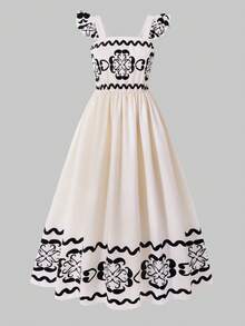 SHEIN ChillGRL 女童几何印花吊带短袖收腰夏季连衣裙 - 杏色 - 查看 6