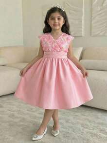 SHEIN Vestido casual de niña con tejido de unicolor y flores 3D - Rosa - Ver 3
