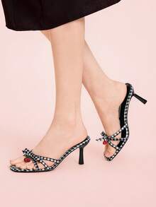 CUCCOO DOLLMOD Women Summer Fashion Elegant Plaid Bow Heeled Sandals - Black and White - View 3