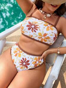 Swim Vcay 2026 New Plus Size Leaf Print Spaghetti Strap Bikini Set - Multicolor - View 3