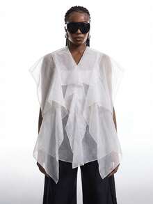 SHEIN EZwear 大尺碼女款白色網紗拼接荷葉領前扣襯衫，夏季優雅波希米亞風透視上衣，透明派對襯衫 - 白色 - 查看 3