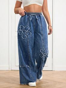 SHEIN CURVE+ Plus Size Women Drawstring Waist Pockets Floral Patch Casual Versatile Daily Wear Wide Leg Jeans - Blue - View 5