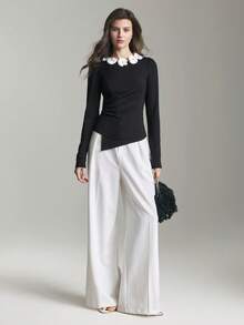 Ontre 2026春夏女士黑色舒适亲肤柔软弹力修身衬衫，前片褶裥设计，装饰领口，单色点缀，优雅婚礼宾客装扮，简约浪漫法式风情，商务休闲、办公室穿着皆宜，打造精致都市风格。情人节特别设计，高端优雅复古邮轮婚礼宾客礼服。优雅女装 - 黑與白 - 查看 8