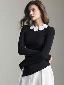 Ontre 2026春夏女士黑色舒适亲肤柔软弹力修身衬衫，前片褶裥设计，装饰领口，单色点缀，优雅婚礼宾客装扮，简约浪漫法式风情，商务休闲、办公室穿着皆宜，打造精致都市风格。情人节特别设计，高端优雅复古邮轮婚礼宾客礼服。优雅女装 - 黑與白 - 查看 5